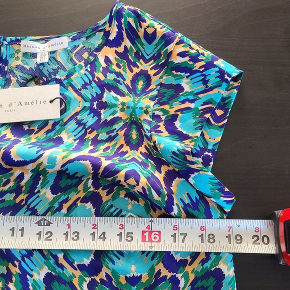 Maison D Amelie Paris Anthropolgie Short Sleeve Blouse Peacock Colors Graphic Sm - Picture 6 of 8